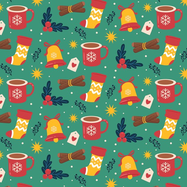 Diseño de patrón de navidad plano dibujado a mano