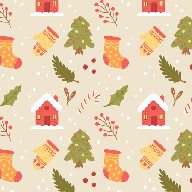 Diseño de patrón de navidad plano dibujado a mano