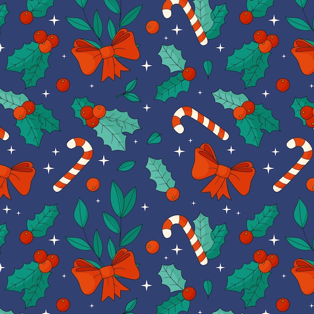 Diseño de patrón navideño dibujado a mano con bastón de caramelo