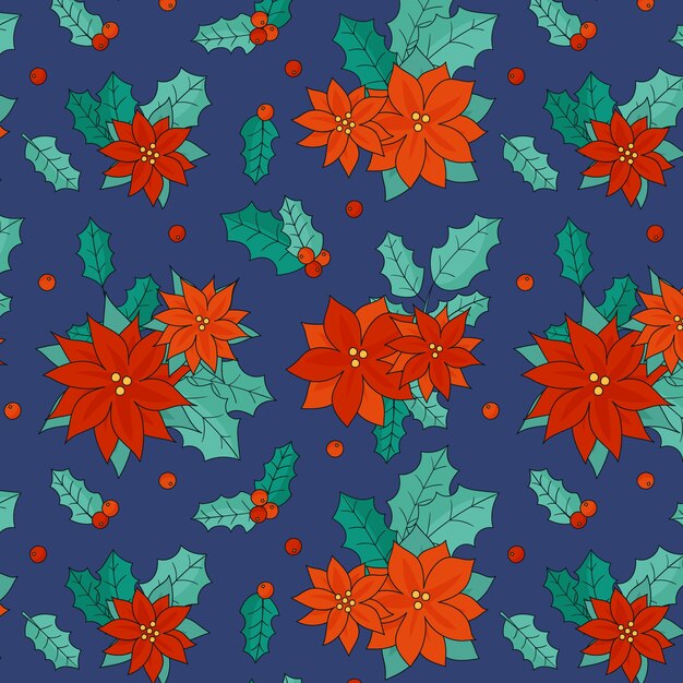 Diseño de patrón navideño dibujado a mano con flores.