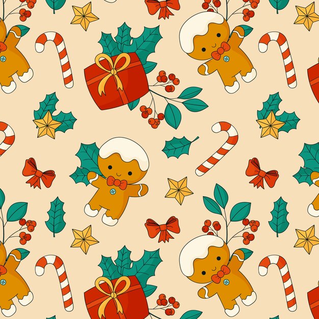 Diseño de patrón navideño dibujado a mano con hombre de jengibre