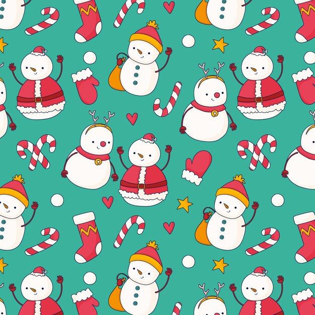 Diseño de patrón navideño dibujado a mano con muñeco de nieve y bastón de caramelo