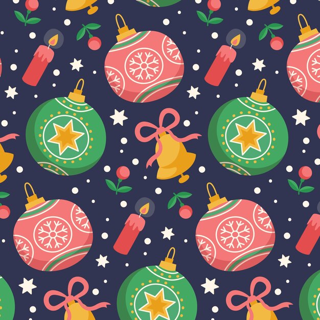 Diseño de patrón navideño plano con adornos y campanas.
