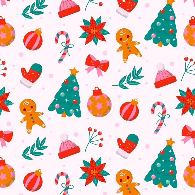 Diseño de patrón navideño plano con árbol y adornos.