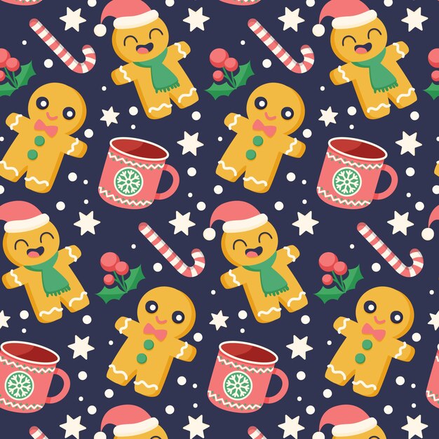 Diseño de patrón navideño plano con hombres de jengibre y tazas.