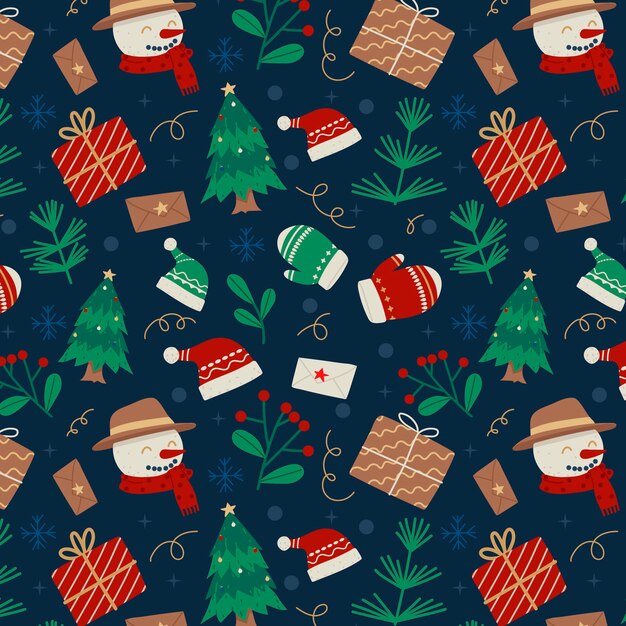 Diseño de patrón navideño plano con muñeco de nieve y árboles.