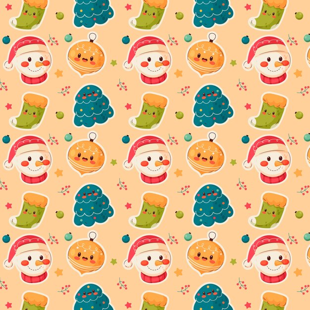 Diseño de patrón navideño plano con muñeco de nieve y árboles.