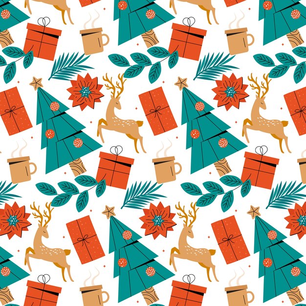 Diseño de patrón navideño plano con renos y árboles.