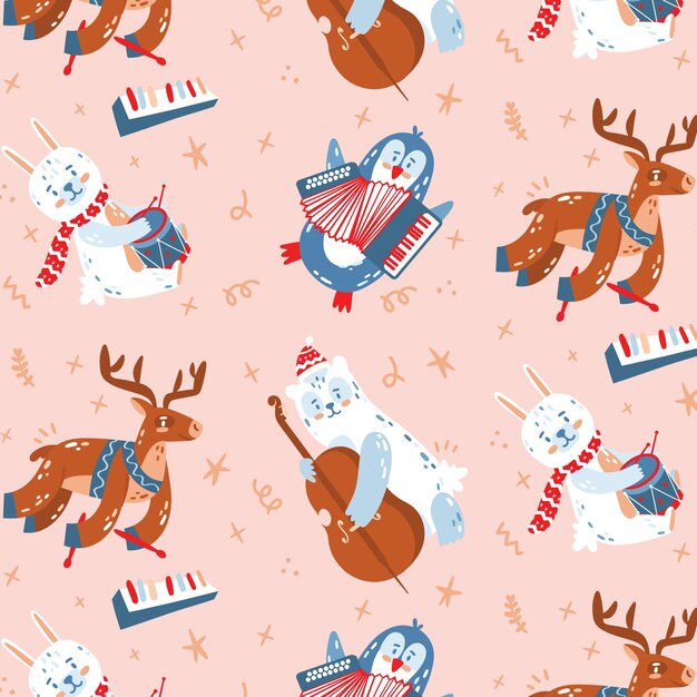 Diseño de patrón navideño plano con renos y pingüinos.