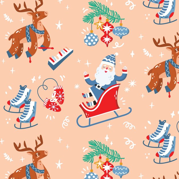 Diseño de patrón navideño plano con santa y renos.