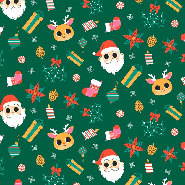 Diseño de patrón navideño plano con santa y renos.