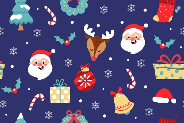 Diseño de patrón navideño plano con santa y renos.