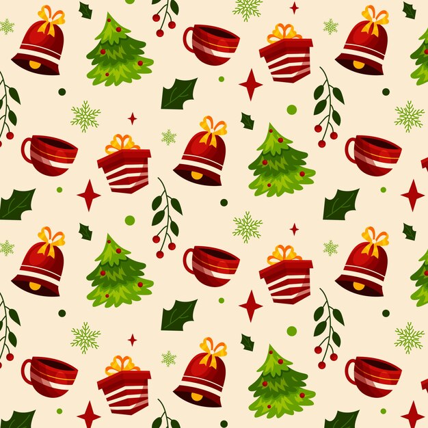 Diseño de patrón navideño plano con tazas y campanas.