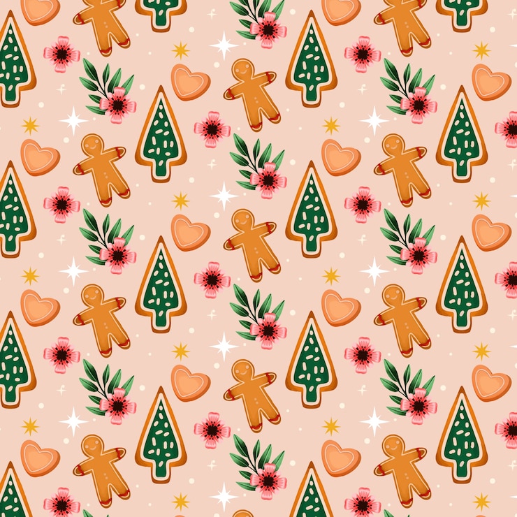 Vector gratuito diseño de patrón de temporada navideña en acuarela con pan de jengibre