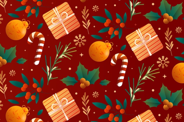 Diseño de patrón de temporada navideña degradado con regalos y bastones de caramelo