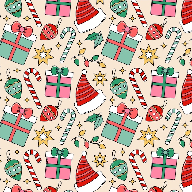Diseño de patrón de temporada navideña dibujado a mano con bastón de caramelo y gorro de Papá Noel