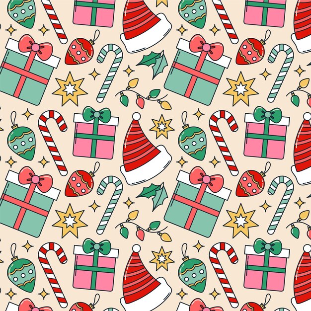 Diseño de patrón de temporada navideña dibujado a mano con bastón de caramelo y gorro de Papá Noel