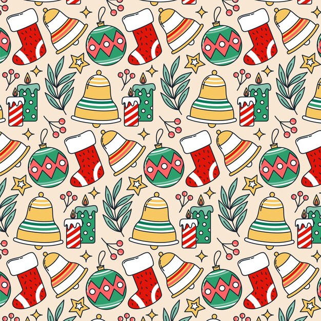 Diseño de patrón de temporada navideña dibujado a mano con campanas y medias