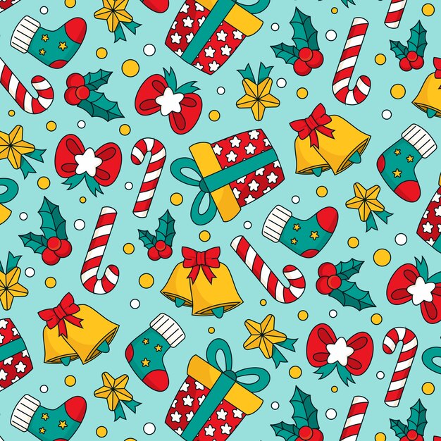 Diseño de patrón de temporada navideña dibujado a mano con campanas y regalos