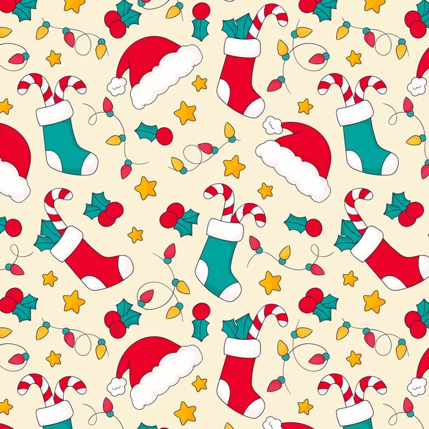 Diseño de patrón de temporada navideña dibujado a mano con gorro de Papá Noel y medias