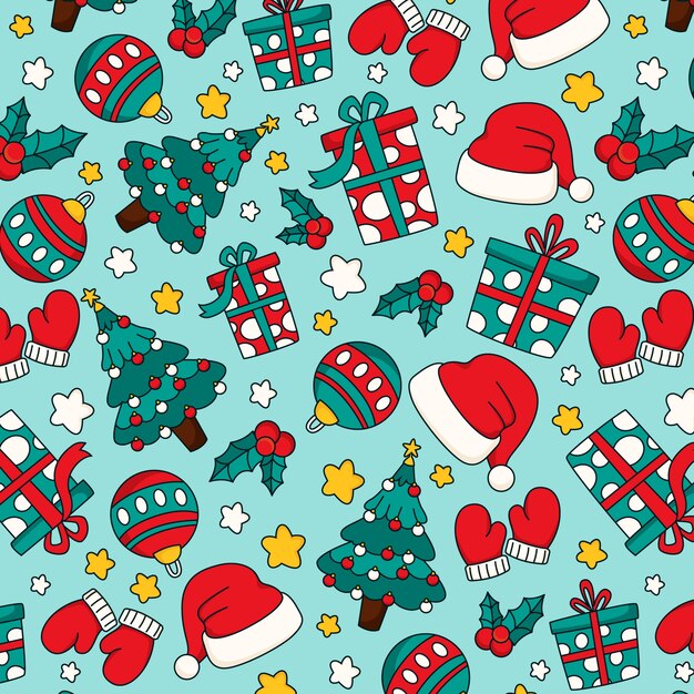 Diseño de patrón de temporada navideña dibujado a mano con gorro de Papá Noel y regalos