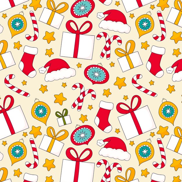 Diseño de patrón de temporada navideña dibujado a mano con gorro de Papá Noel y regalos