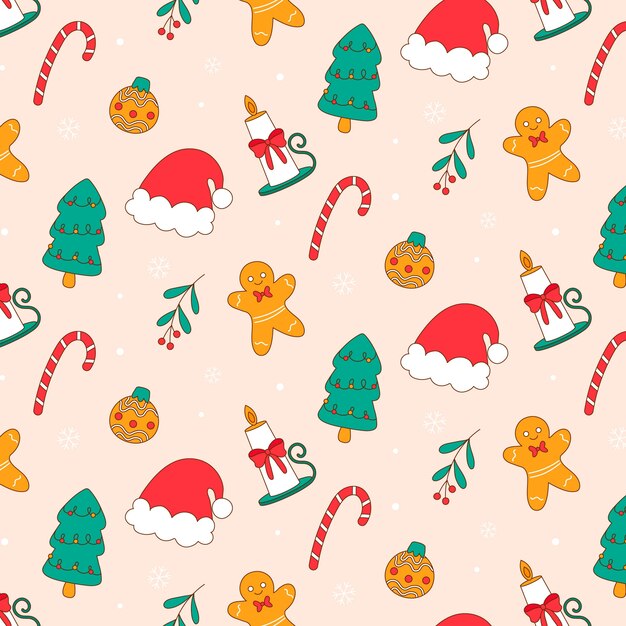 Diseño de patrón de temporada navideña dibujado a mano con gorro de Papá Noel y velas