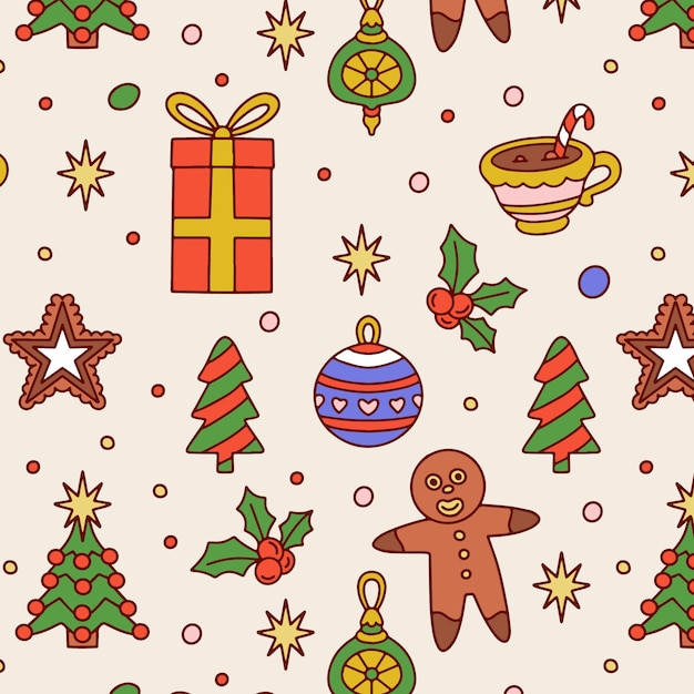 Diseño de patrón de temporada navideña dibujado a mano con presente y pan de jengibre