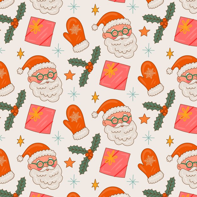 Diseño de patrón de temporada navideña dibujado a mano con santa y manoplas