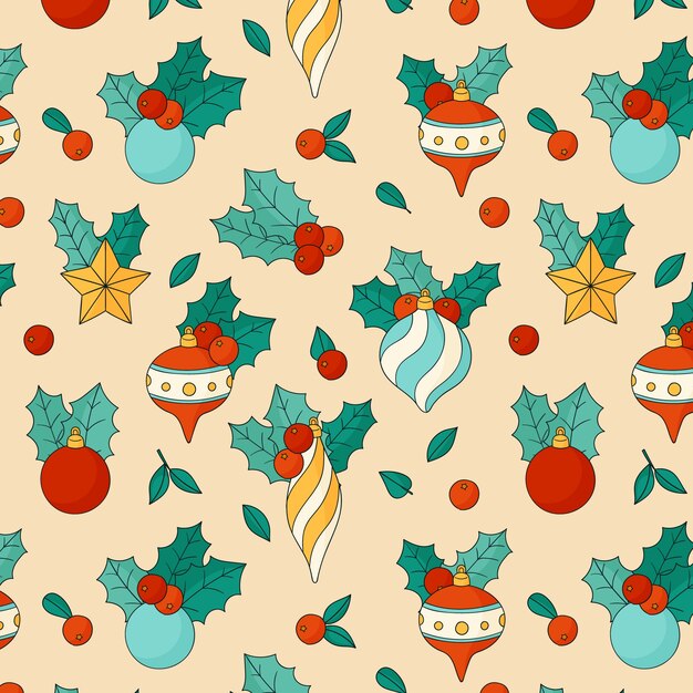 Diseño de patrones navideños dibujados a mano con adornos