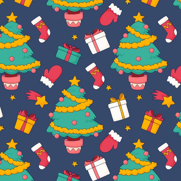 Diseño de patrones navideños dibujados a mano con árboles y regalos.