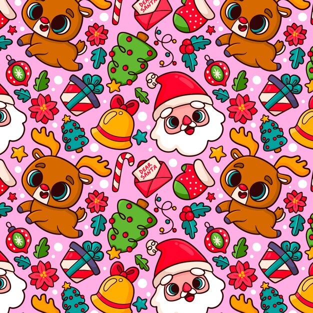 Diseño de patrones navideños dibujados a mano con santa y renos