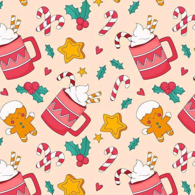 Diseño de patrones navideños dibujados a mano con tazas y bastones de caramelo