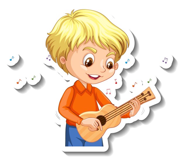 Diseño de pegatinas con un niño tocando el ukelele.