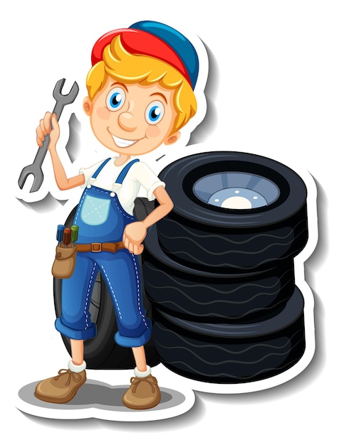 Diseño de pegatinas con personaje de dibujos animados de mecánico de automóviles.