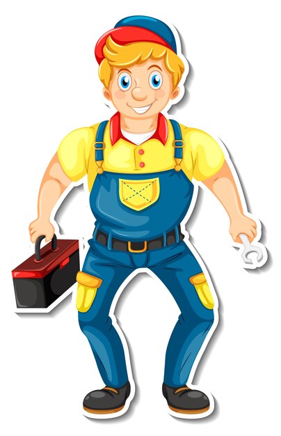 Diseño de pegatinas con personaje de dibujos animados de mecánico de automóviles.