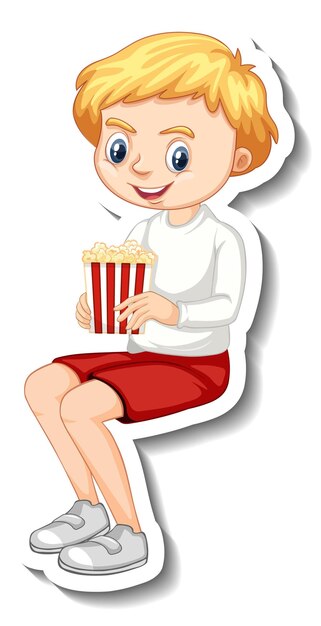 Diseño de pegatinas con el personaje de un niño sentado y comiendo palomitas de maíz.