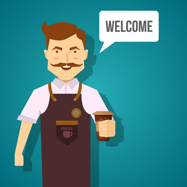 Diseño de personaje barista con sonriente hombre con bigote en delantal marrón con café