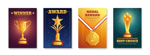 Diseño personalizado ganadores premios copas trofeos logros deportivos medallas 4 fondos coloridos realistas carteles conjunto ilustración