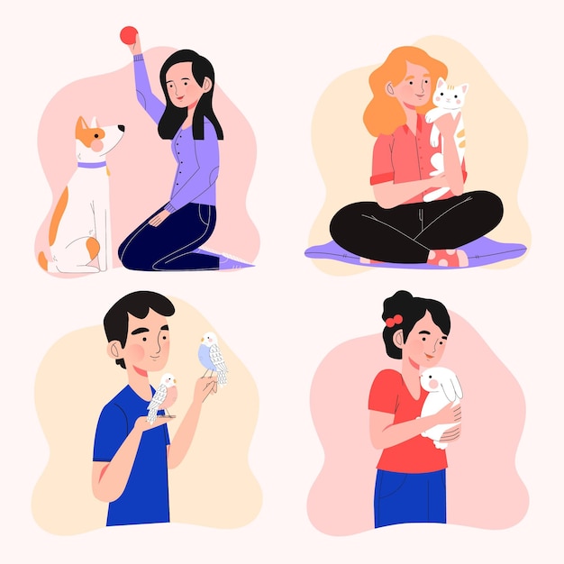 Vector gratuito diseño de personas jugando con sus mascotas