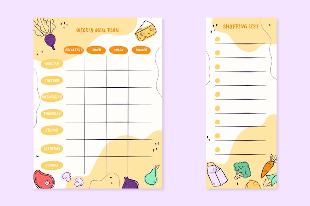 Diseño de planificador de comidas de diseño plano dibujado a mano