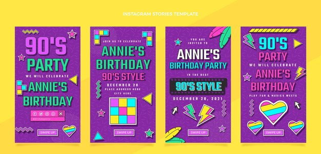 Diseño plano 90 cumpleaños nostálgico historias de instagram
