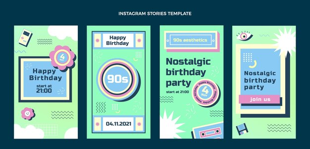 Diseño plano 90 cumpleaños nostálgico historias de instagram
