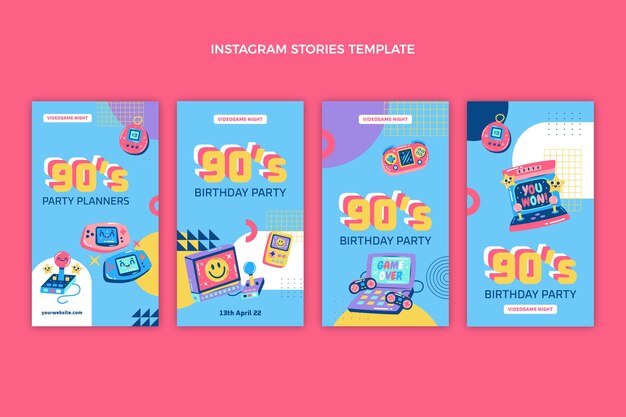 Diseño plano 90 cumpleaños nostálgico historias de instagram
