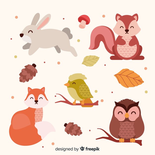 Diseño plano de animales del bosque otoñal