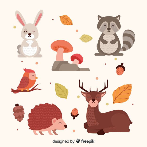 Diseño plano de animales del bosque otoñal