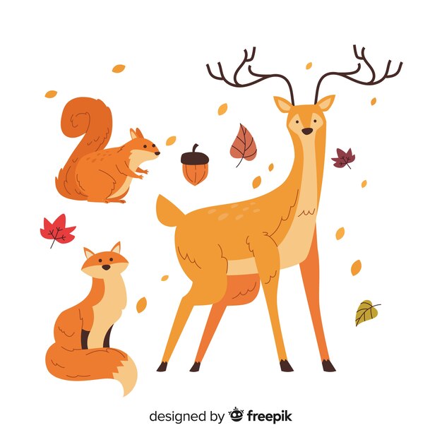 Diseño plano de animales del bosque otoñal