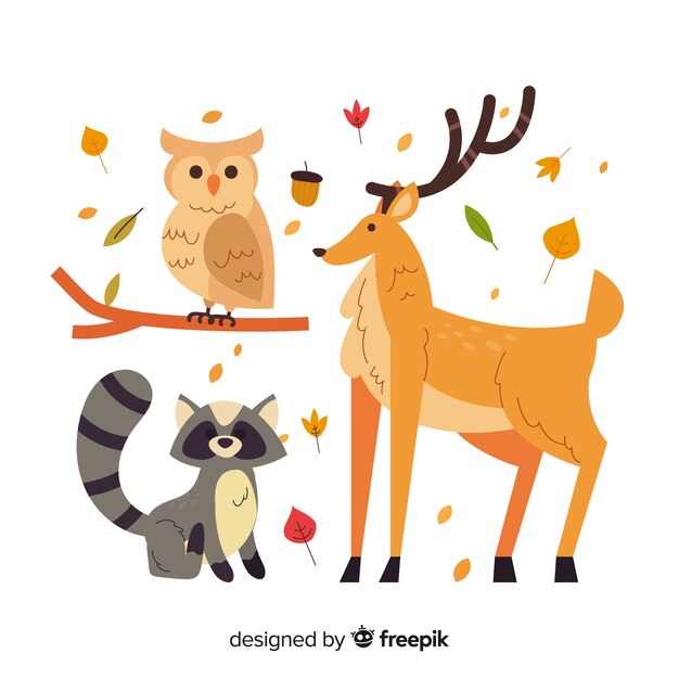 Diseño plano de animales del bosque otoñal