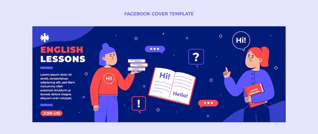 Vector gratuito diseño plano aprender plantilla de portada de facebook en inglés