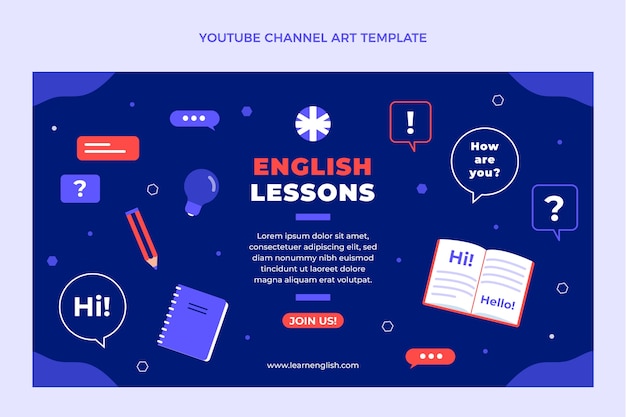 Diseño plano de arte de canal de youtube de lecciones de inglés